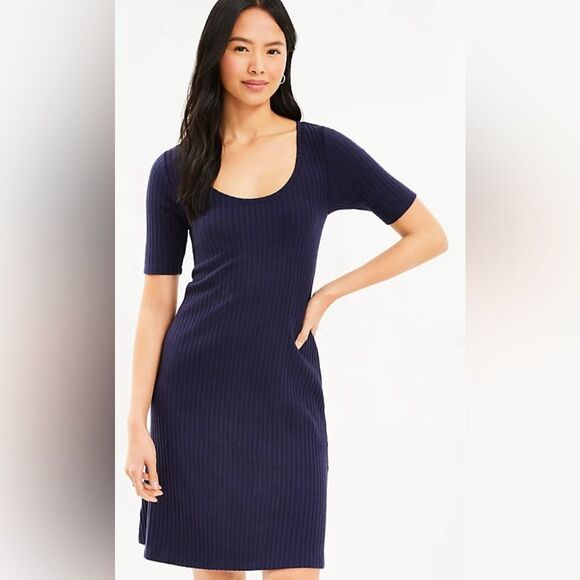 Loft Ribbed Scoop‎ Neck Shift Dress Short Sleeve Navy Blue Women’s Medium - Picture 1 of 8